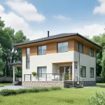 Проект дома «Ж-200» из СИП-панелей, 200 м² — двухэтажный дом, белый камень и деревянный сайдинг, тёмная крыша, терраса и крыльцо со ступенями | HotWell.KZ