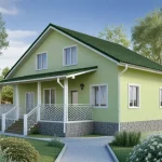 Проект дома «Л-200» из СИП-панелей, 200 м² — дом с мансардой, зелёная штукатурка, зелёная черепичная крыша, терраса с белыми перилами | HotWell.KZ