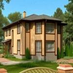 Проект дома «М-185» из СИП-панелей, 185 м² — двухэтажный дом с бежевой штукатуркой, эркерами и вальмовой крышей | HotWell.KZ