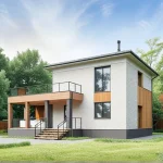 Проект дома «К-206» из СИП-панелей, 206 м² — двухэтажный дом из белого кирпича с деревянными вставками, терраса и балкон | HotWell.KZ