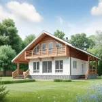 Проект дома «Н-162ББ» из СИП-панелей, 162 м² — дом с мансардой, белый фасад с деревянной отделкой, балкон и крыльцо | HotWell.KZ