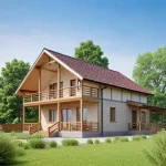 Проект дома «Б-206» из СИП-панелей, 206 м² — дом с мансардой, деревянный фасад, балкон и терраса, красная крыша | HotWell.KZ