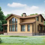 Проект дома «В-206» из СИП-панелей, 206 м² — двухэтажный дом из жёлтого кирпича с каменным цоколем и панорамными окнами | HotWell.KZ