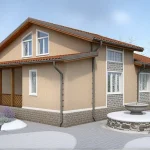 Проект дома «Н-206» из СИП-панелей, 206 м² — дом с мансардой, бежевая штукатурка, каменный цоколь и терраса | HotWell.KZ