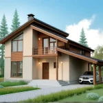 Проект дома «М-160ББ» из СИП-панелей, 160 м² — двухэтажный дом со штукатуркой и деревянной отделкой, балкон и навес | HotWell.KZ