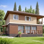 Проект дома «У-189» из СИП-панелей, 189 м² — двухэтажный дом с деревянным сайдингом, балконом и крытой террасой | HotWell.KZ