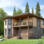 Проект дома «А-207» из СИП-панелей, 207 м² — двухэтажный дом с деревянным сайдингом, кирпичом и балконом с цветами | HotWell.KZ