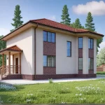 Проект дома «Ё-230» из СИП-панелей, 230 м² — двухэтажный дом со штукатуркой, кирпичом и красной крышей | HotWell.KZ