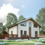 Проект дома «В-180» из СИП-панелей, 180 м² — дом с мансардой, светлый сайдинг и коричневые вставки, крыльцо с террасой | HotWell.KZ