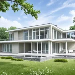 Проект дома «М-144» из СИП-панелей, 144 м² — двухэтажный дом со светлой штукатуркой, панорамные окна, плоская крыша и бассейн | HotWell.KZ