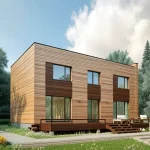 Проект дома «Г-166» из СИП-панелей, 166 м² — двухэтажный дом с деревянным реечным фасадом, плоская крыша и терраса | HotWell.KZ