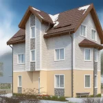Проект дома «К-209» из СИП-панелей, 209 м² — трёхэтажный дом со светлым сайдингом и каменными вставками, коричневая крыша | HotWell.KZ