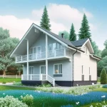 Проект дома «Л-180ББ» из СИП-панелей, 180 м² — дом с мансардой, светло-серый сайдинг, балкон и крыльцо-терраса | HotWell.KZ