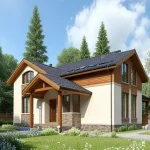 Проект дома «А-228» из СИП-панелей, 228 м² — дом с мансардой, бежевая штукатурка, дерево и камень, крыльцо с навесом | HotWell.KZ