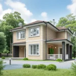 Проект дома «А-171» из СИП-панелей, 171 м² — двухэтажный дом из светлого кирпича с красной крышей и террасой | HotWell.KZ