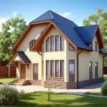 Проект дома «К-205» из СИП-панелей, 205 м² — дом с мансардой, светлая штукатурка и синяя черепичная крыша | HotWell.KZ