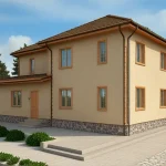 Проект дома «М-170» из СИП-панелей, 170 м² — двухэтажный дом с бежевой штукатуркой и каменным цоколем, вальмовая крыша | HotWell.KZ