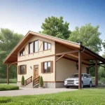 Проект дома «П-150ББ» из СИП-панелей, 150 м² — дом с мансардой, бежевая штукатурка с деревом и навес для машины | HotWell.KZ