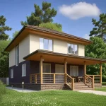 Проект дома «Т-180ББ» из СИП-панелей, 180 м² — двухэтажный дом со штукатуркой и тёмным кирпичом, большая деревянная веранда | HotWell.KZ