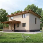 Проект дома «С-200» из СИП-панелей, 200 м² — двухэтажный оштукатуренный дом с крыльцом и террасой | HotWell.KZ