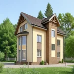 Проект дома «С-205» из СИП-панелей, 205 м² — двухэтажный дом с бежевой штукатуркой и коричневым кирпичом, эркер с панорамными окнами | HotWell.KZ