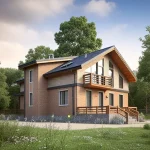 Проект дома «С-180ВВ» из СИП-панелей, 180 м² — дом с мансардой, кирпичный фасад и деревянная отделка, балкон и крыльцо | HotWell.KZ
