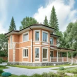 Проект дома «В-210» из СИП-панелей, 210 м² — двухэтажный дом из оранжевого кирпича с верандой и панорамными окнами | HotWell.KZ