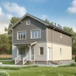 Проект дома «Р-206» из СИП-панелей, 206 м² — двухэтажный дом с серым сайдингом и светлым кирпичом, крыльцо с навесом | HotWell.KZ
