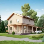 Проект дома «Т-153ГГ» из СИП-панелей, 153 м² — двухэтажный дом из светлого кирпича с деревянной верандой и навесом | HotWell.KZ