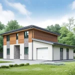 Проект дома «П-215» из СИП-панелей, 215 м² — двухэтажный дом со штукатуркой, деревом и камнем, встроенный гараж | HotWell.KZ