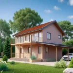 Проект дома «М-140» из СИП-панелей, 140 м² — двухэтажный кирпичный дом с балконом и навесом для авто | HotWell.KZ