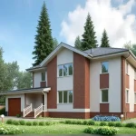 Проект дома «Д-217» из СИП-панелей, 217 м² — двухэтажный кирпичный дом красно-белого цвета с гаражом и крыльцом | HotWell.KZ
