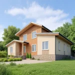 Проект дома «С-217» из СИП-панелей, 217 м² — двухэтажный дом с деревянной облицовкой, штукатуркой и каменным цоколем | HotWell.KZ