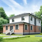Проект дома «Д-174» из СИП-панелей, 174 м² — двухэтажный дом с кирпичной и оштукатуренной отделкой и крыльцом | HotWell.KZ