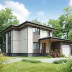 Проект дома «К-218» из СИП-панелей, 218 м² — двухэтажный дом с сайдингом, тёмными деревянными вставками и навесом | HotWell.KZ