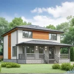 Проект дома «Р-180» из СИП-панелей, 180 м² — двухэтажный дом со светлой штукатуркой и деревянными акцентами | HotWell.KZ