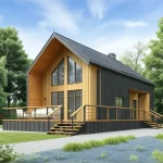 Проект дома «Б-217» из СИП-панелей, 217 м² — современный дом с тёмным сайдингом, деревом и панорамными окнами | HotWell.KZ