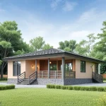 Проект дома «А-120» из СИП-панелей, 120 м² — одноэтажный дом, бежевая штукатурка с деревом и каменным цоколем, тёмная крыша, крытая терраса | HotWell.KZ