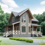 Проект дома «А-120ББ» из СИП-панелей, 120 м² — двухэтажный дом с тёмной каменной отделкой, панорамными окнами и двумя террасами | HotWell.KZ