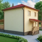 Проект дома «А-121» из СИП-панелей, 121 м² — двухэтажный дом с бежевой отделкой, красной черепичной крышей и деревянным крыльцом | HotWell.KZ