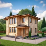 Проект дома «А-128» из СИП-панелей, 128 м² — двухэтажный дом со светлым деревянным фасадом, плоская крыша и крыльцо | HotWell.KZ
