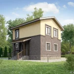 Проект дома «Б-97ББ» из СИП-панелей, 97 м² — двухэтажный дом с бежевой штукатуркой и коричневым кирпичом, крыльцо с навесом | HotWell.KZ