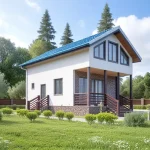 Проект дома «Б-97ВВ» из СИП-панелей, 97 м² — дом с мансардой, белый фасад с камнем, синяя крыша, крыльцо с навесом | HotWell.KZ