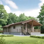 Проект дома «Б-82ББ» из СИП-панелей, 82 м² — одноэтажный дом со светлым деревянным фасадом, бордовой крышей и террасой | HotWell.KZ