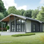 Проект дома «Б-91» из СИП-панелей, 91 м² — одноэтажный дом с тёмно-серым фасадом, панорамными окнами и навесом | HotWell.KZ