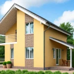 Проект дома «Б-97ГГ» из СИП-панелей, 97 м² — двухэтажный дом с жёлтой штукатуркой и декоративным камнем, балкон и терраса | HotWell.KZ