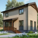 Проект дома «Б-119ЖЖ» из СИП-панелей, 119 м² — двухэтажный дом со светлым сайдингом и деревянным крыльцом, тёмная крыша | HotWell.KZ