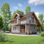 Проект дома «В-78» из СИП-панелей, 78 м² — дом с мансардой, кирпичным цоколем, балконом и черепичной крышей | HotWell.KZ