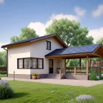 Проект дома «В-75ВВ» из СИП-панелей, 75 м² — одноэтажный дом с мансардой, белая штукатурка и пристроенная терраса под навесом | HotWell.KZ