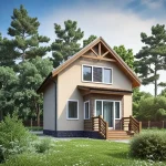 Проект дома «В-90» из СИП-панелей, 90 м² — двухэтажный дом с бежевой штукатуркой и кирпичными вставками, терраса с перилами | HotWell.KZ